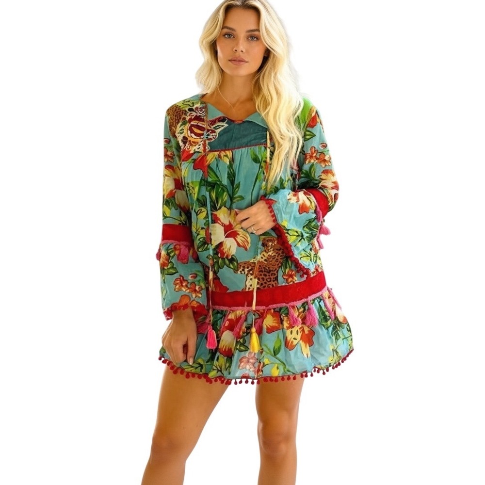 Debbie Katz South Beach Leopard Floral Tunic Dress Blue Pom Pom Cotton Large